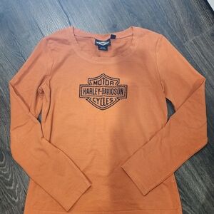 Harley-Davidson Womens Orange Long Sleeve Shirt With Rhinestones